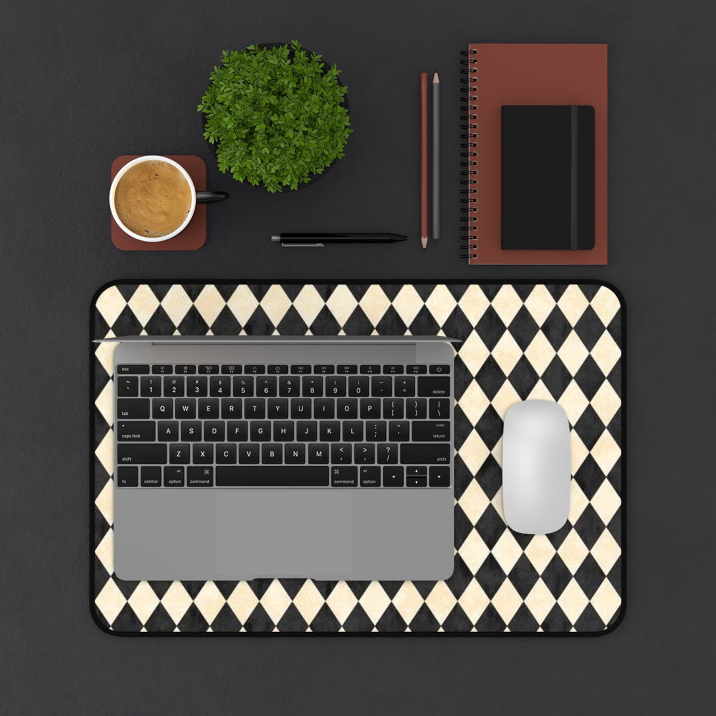 Harlequin Check Desk Mat — Vintage Black & Cream Office Desk Pad