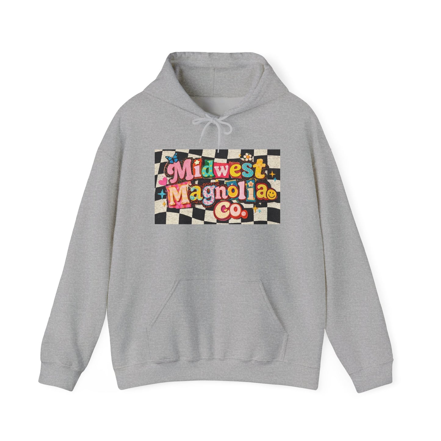 Midwest Magnolia Co. Checkerboard Hoodie — Retro Floral Logo Pullover