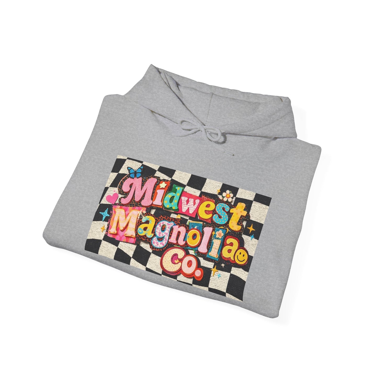 Midwest Magnolia Co. Checkerboard Hoodie — Retro Floral Logo Pullover