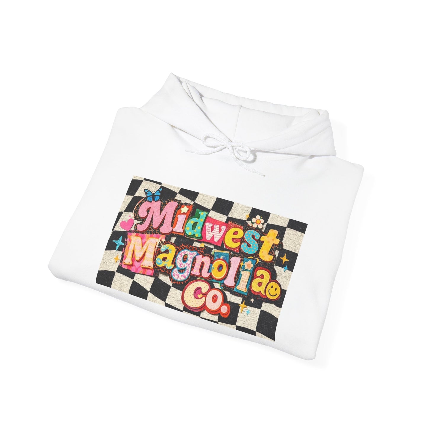 Midwest Magnolia Co. Checkerboard Hoodie — Retro Floral Logo Pullover