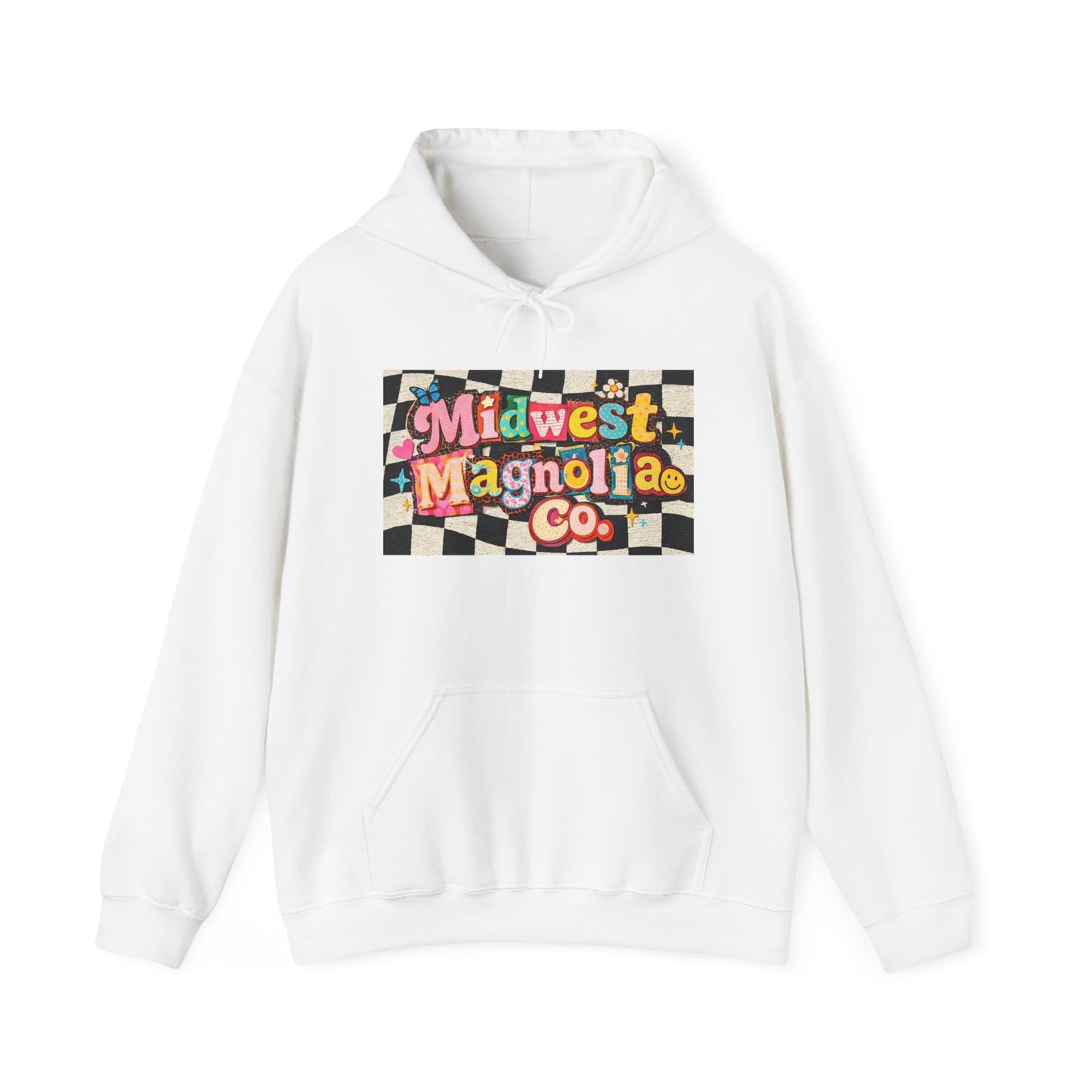 Midwest Magnolia Co. Checkerboard Hoodie — Retro Floral Logo Pullover