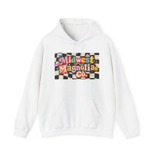 Midwest Magnolia Co. Checkerboard Hoodie — Retro Floral Logo Pullover
