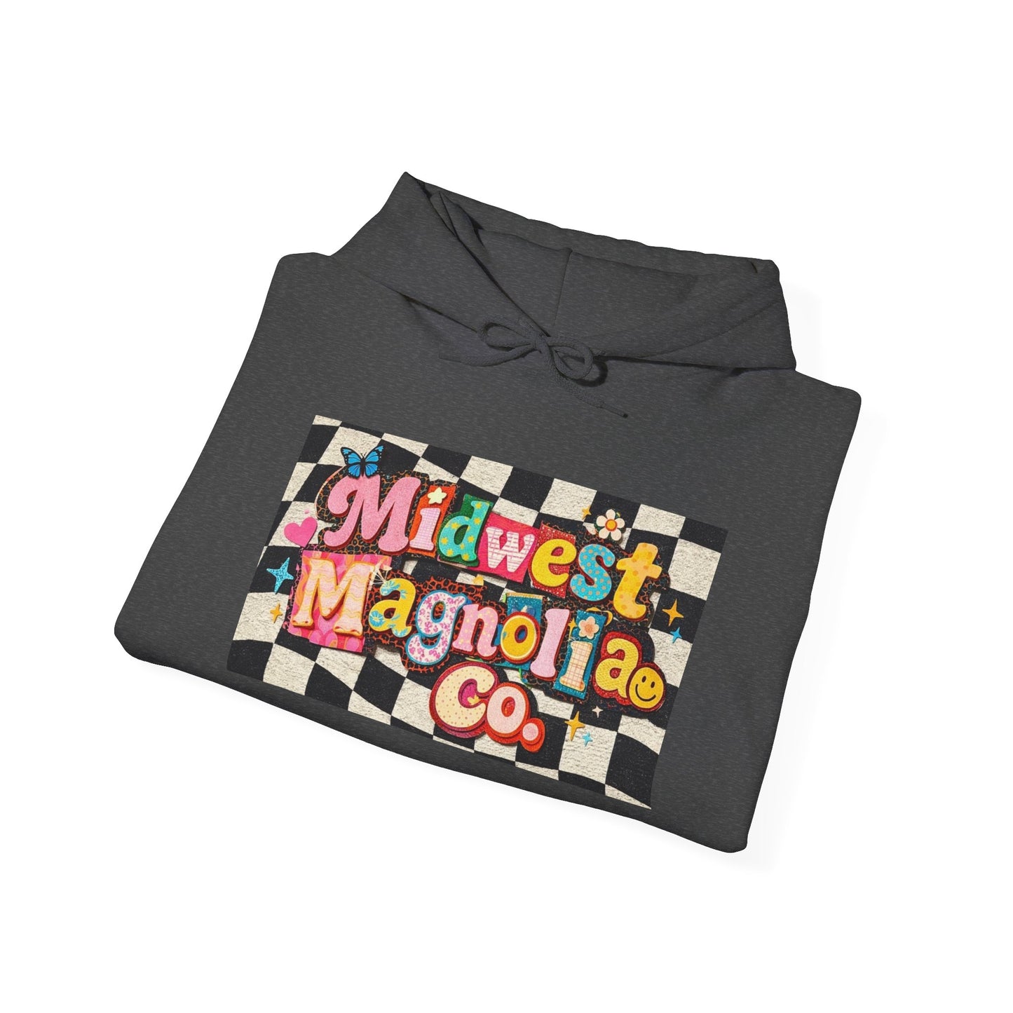 Midwest Magnolia Co. Checkerboard Hoodie — Retro Floral Logo Pullover
