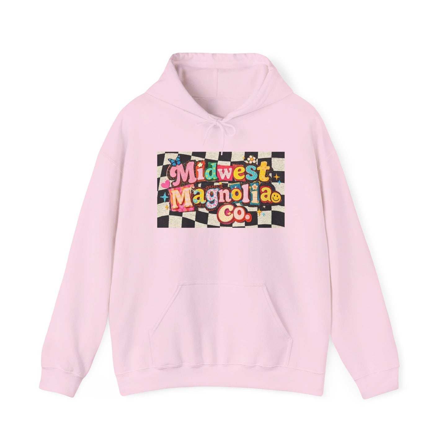 Midwest Magnolia Co. Checkerboard Hoodie — Retro Floral Logo Pullover