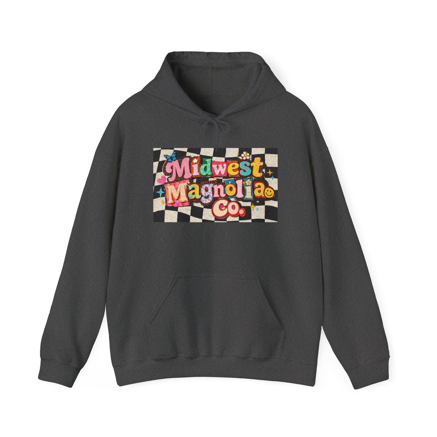 Midwest Magnolia Co. Checkerboard Hoodie — Retro Floral Logo Pullover