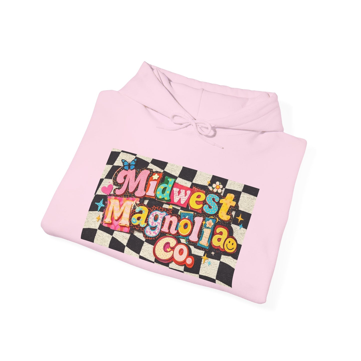 Midwest Magnolia Co. Checkerboard Hoodie — Retro Floral Logo Pullover